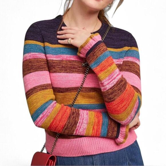 Anthropologie Moth Leive Striped Sweater Button Multicolor Wool Cashmere XS - Picture 2 of 10